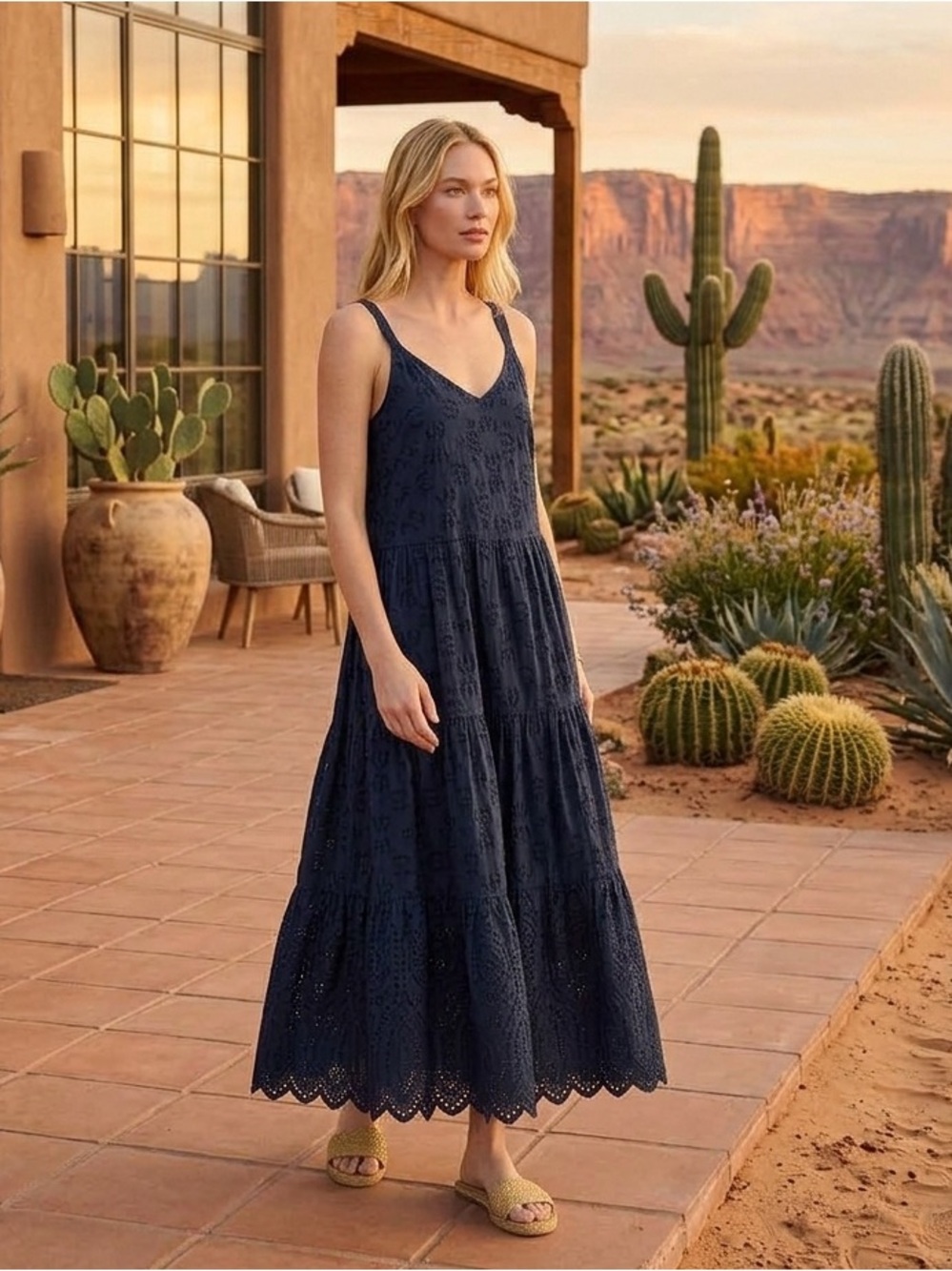 Splendid Wynona Navy Eyelet Cotton Maxi Dress